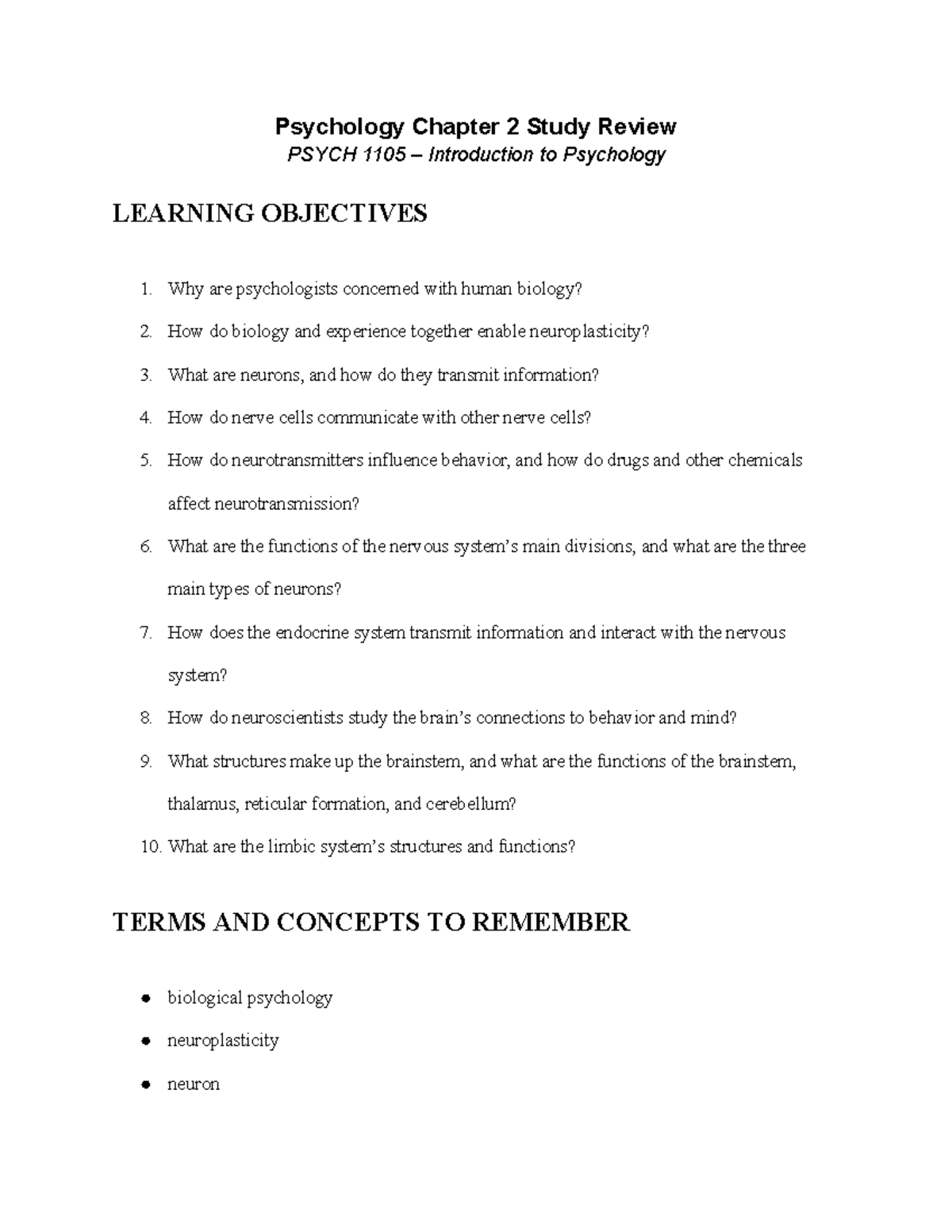 Psych 1105 - Chapter 2 Study Review: Neuroscience & Behavior Essentials ...