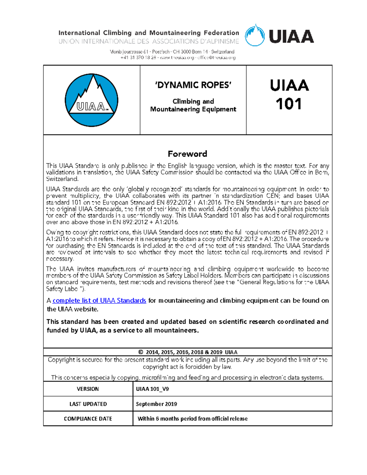 UIAA 101 Dynamic Ropes Standards Overview (Version 9, 2019) - Studocu