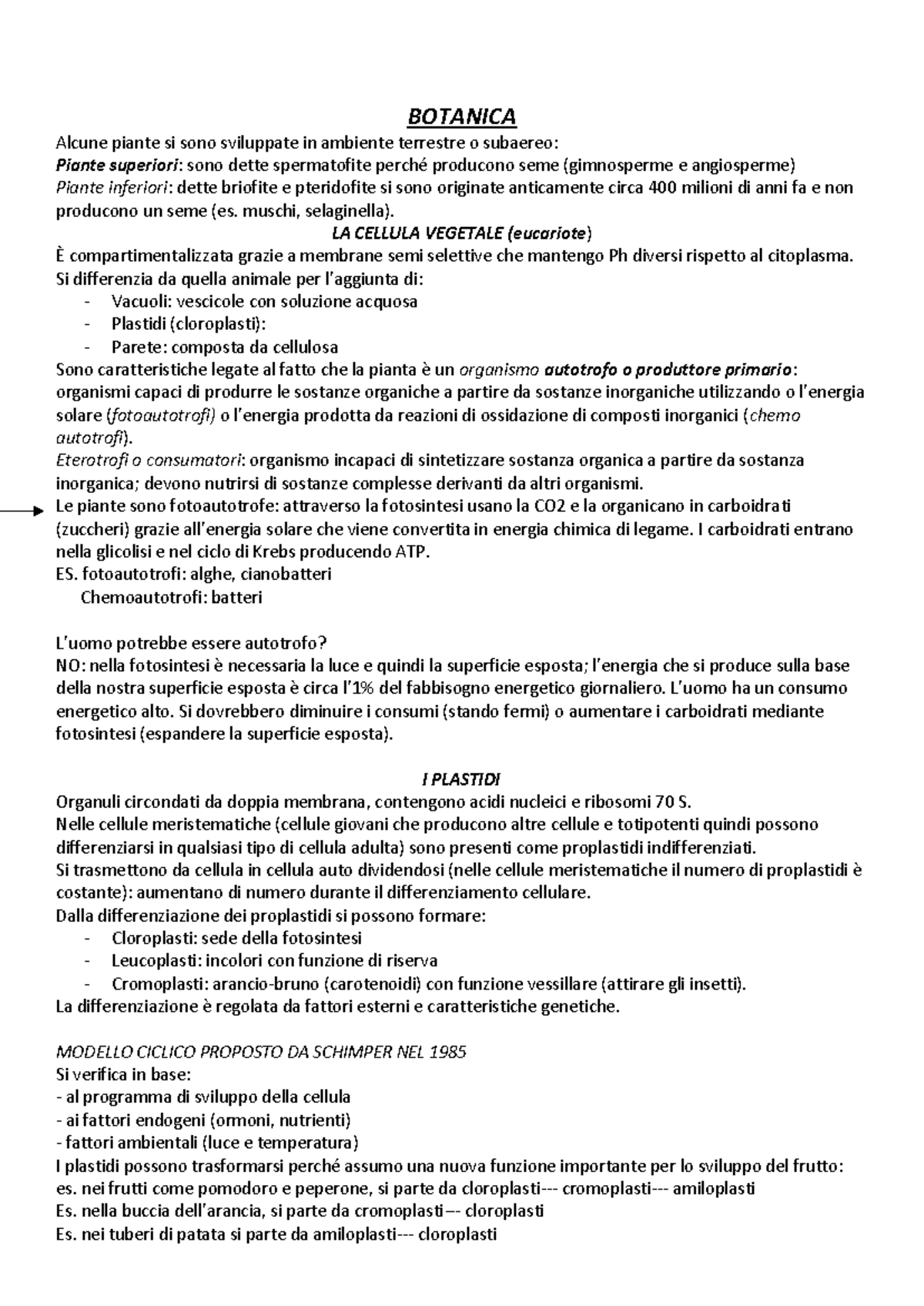 BOTANICA - Struttura e Funzione della Cellula Vegetale (BOT-101) - Studocu