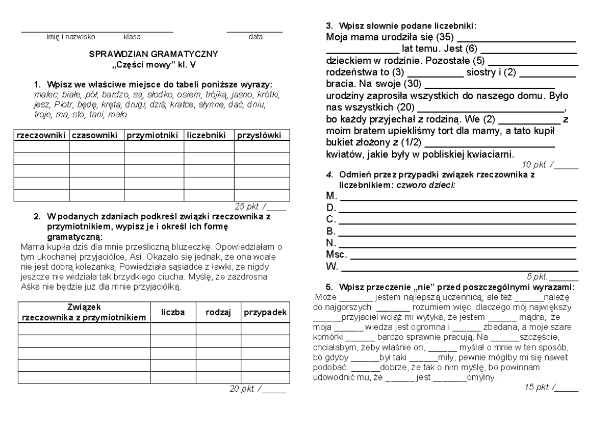 Sprawdzian Z Części Mowy Szkoła Podstawowab1-3 www.studocu.com