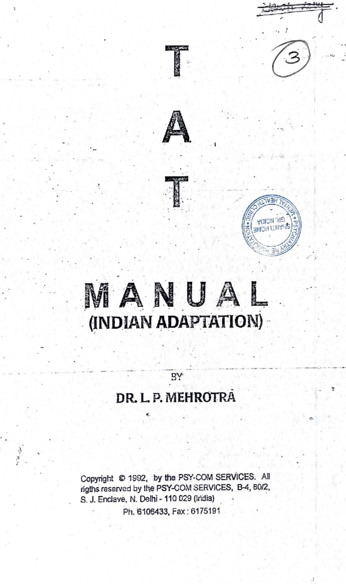 TAT Manual (Indian Adaptation) - Thematic Apperception Test Guide - Studocu
