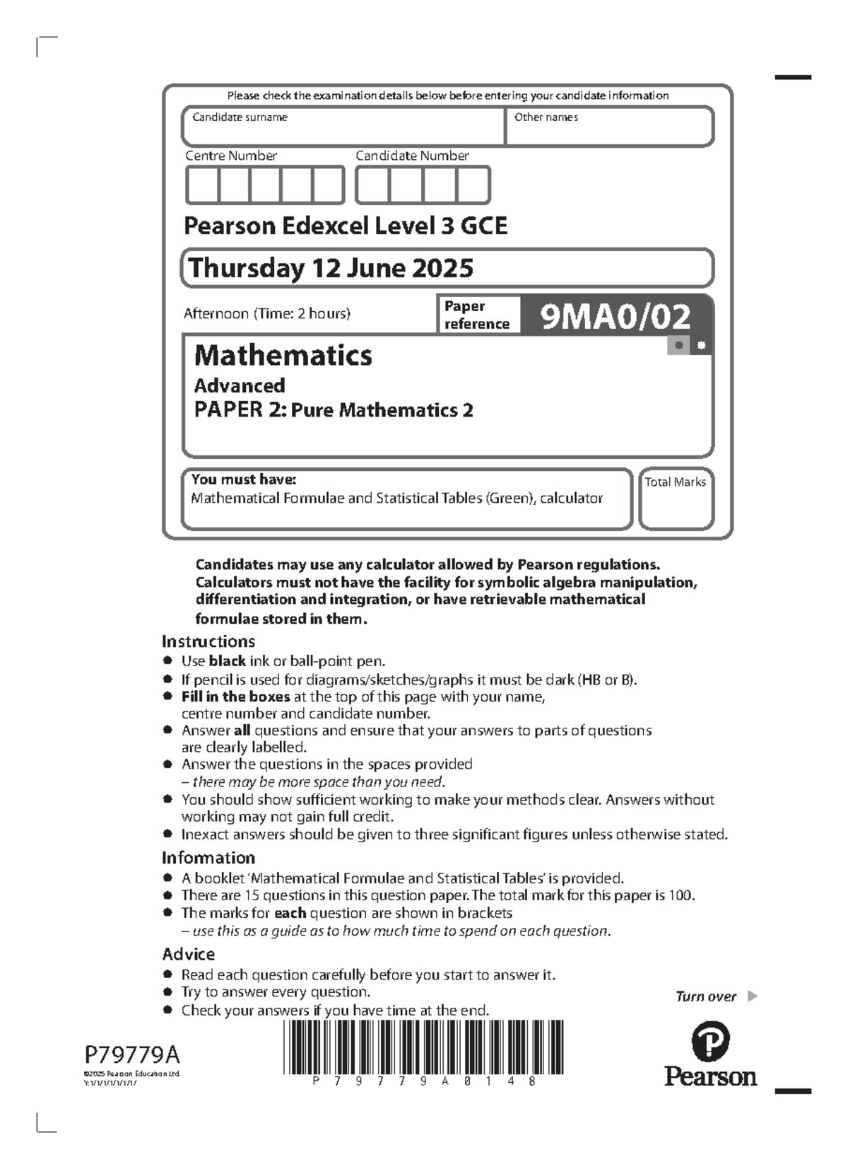 Edexcel A Level Maths Paper 2: Pure Mathematics Exam June 2025 - Studocu