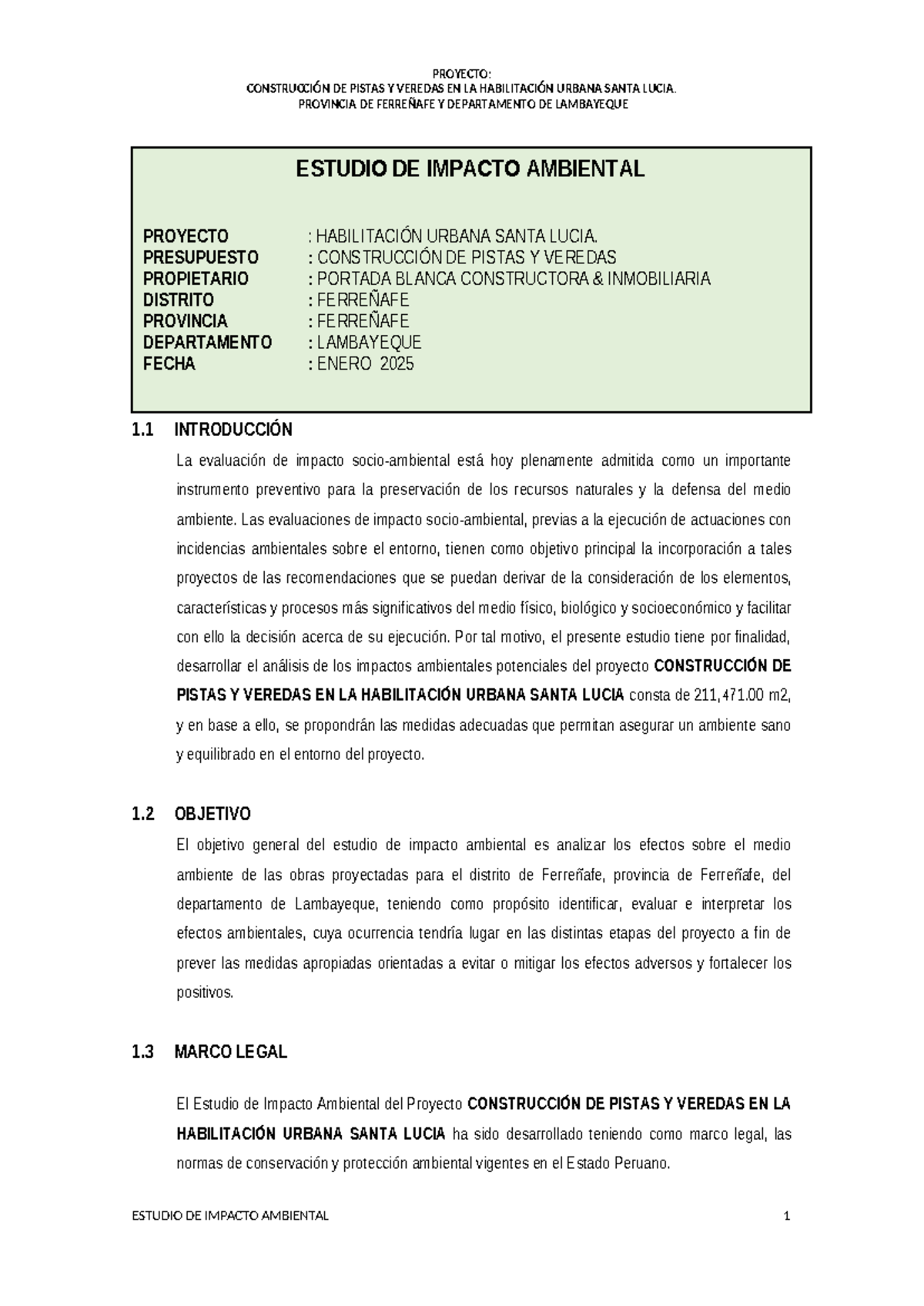 Estudio de Impacto Ambiental: Construcción de Pistas y Veredas en Santa ...