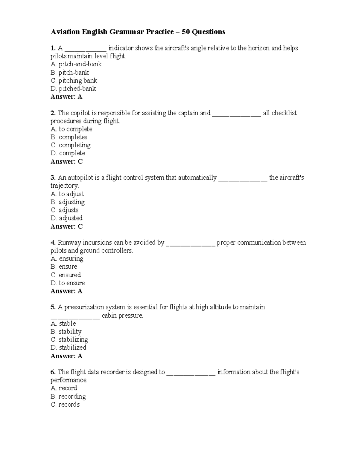 Aviation English Grammar Practice: 50 Questions for Pilots - Studocu