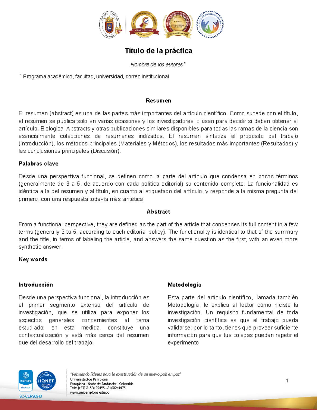 Formato entrega de informes - “Formando líderes para la construcción de ...