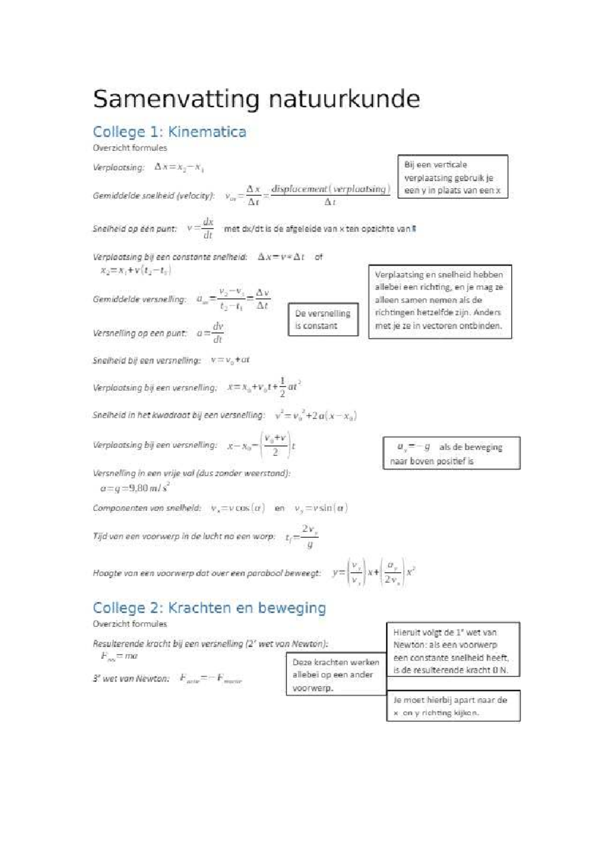 Samenvatting Natuurkunde College 1-10: Formules en Concepten - Studeersnel