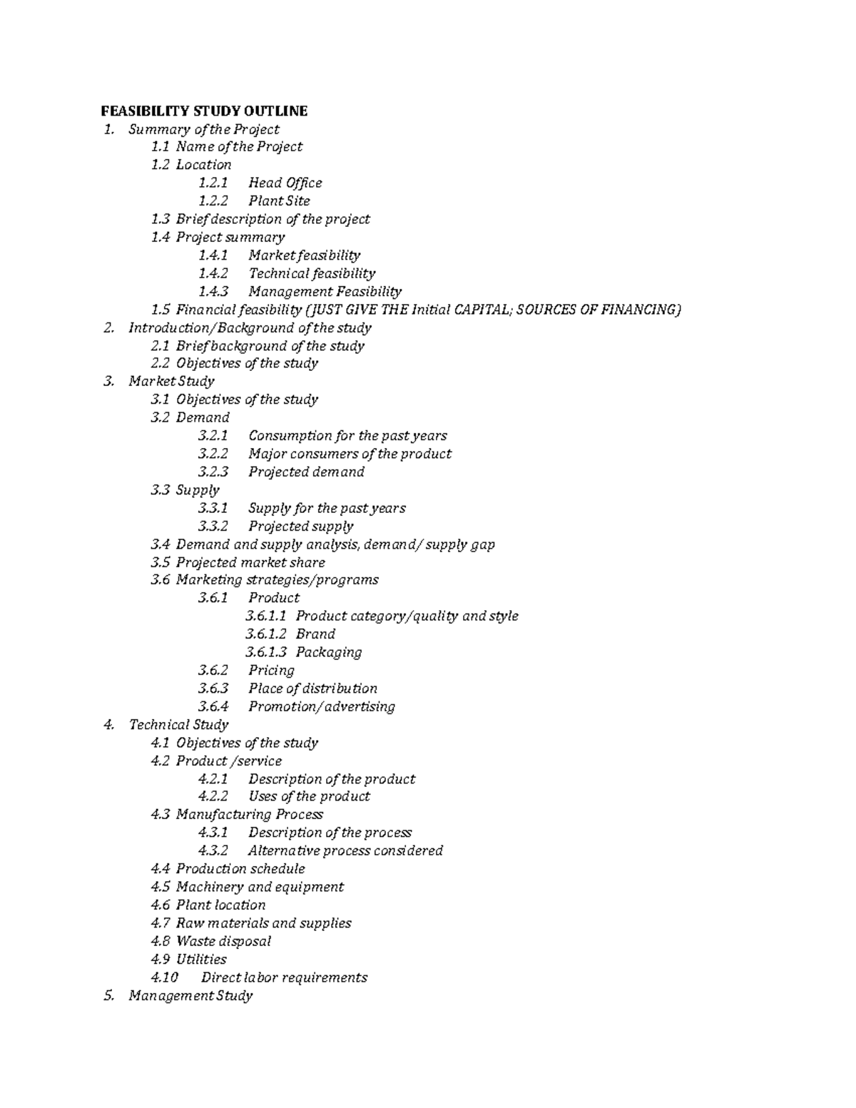 Feasibility Study Outline: Project Evaluation & Analysis - Studocu
