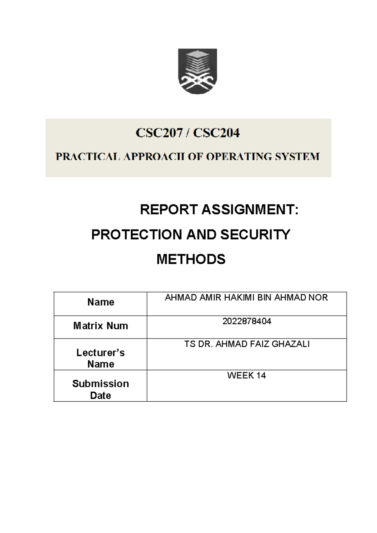Report Individual Assignment CSC207 - REPORT ASSIGNMENT: PROTECTION AND ...