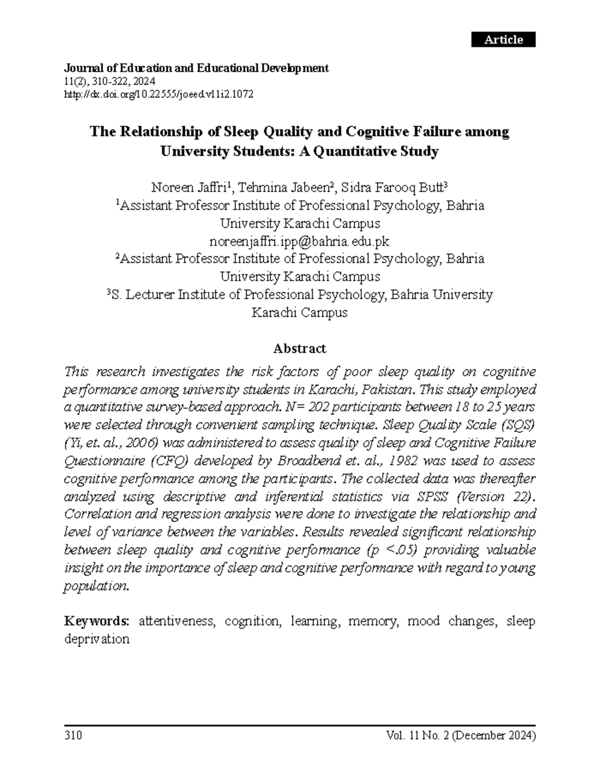 The Relationship Between Sleep Quality and Cognitive Failure Among ...