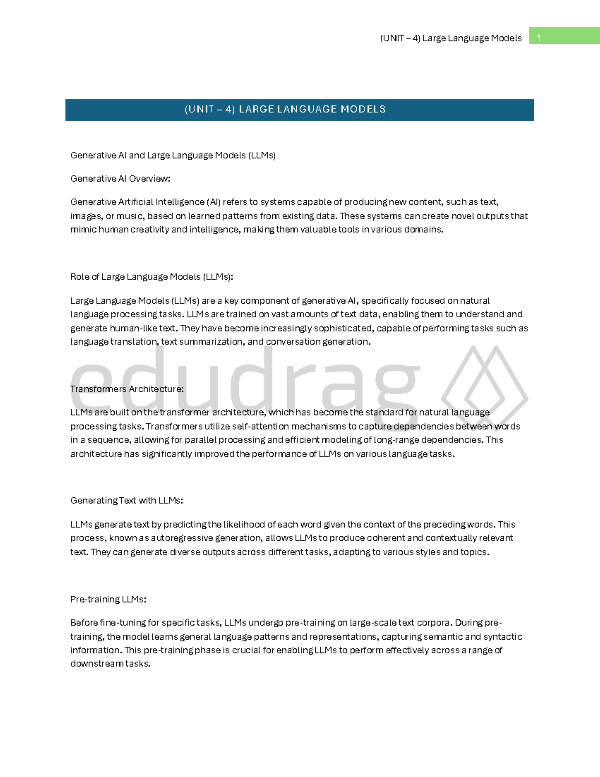 Unit 4 LLM - Comprehensive Notes on Large Language Models and ...
