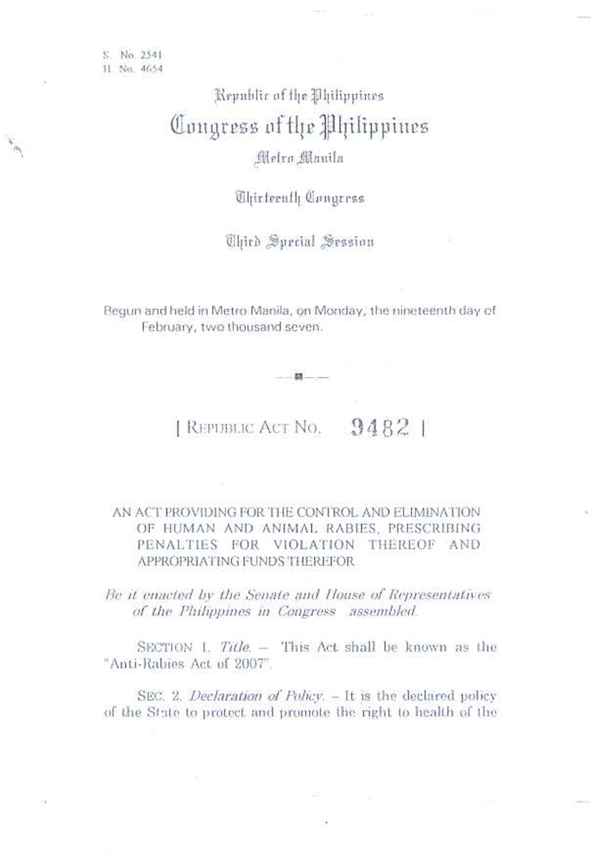 Republic Act No. 9482: Control and Elimination of Rabies in the ...
