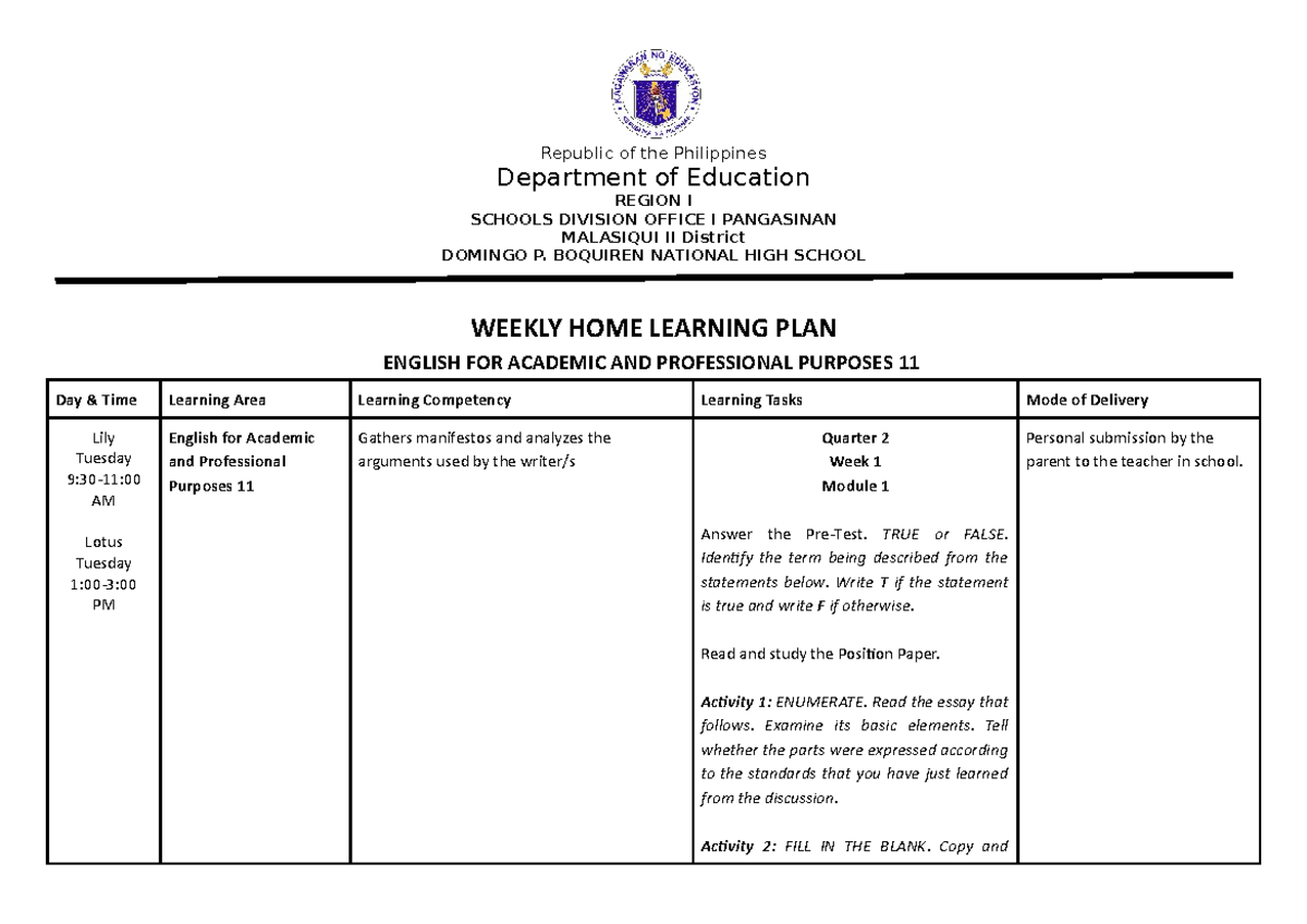 WHLP Q2 EAPP 11 - Weekly Home Learning Plan Modules Overview - Studocu