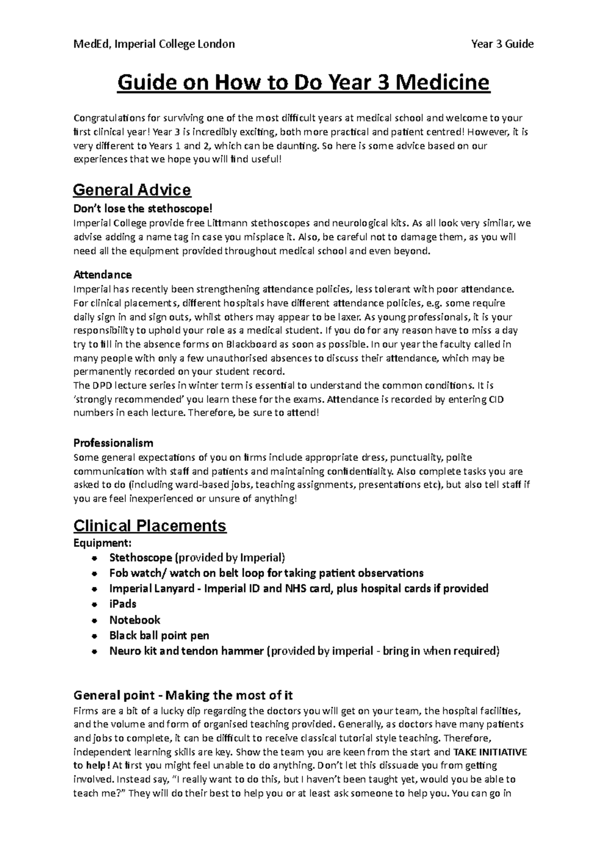 Med ED Year 3 Clinical Placement Guide: Tips for Success - Studocu