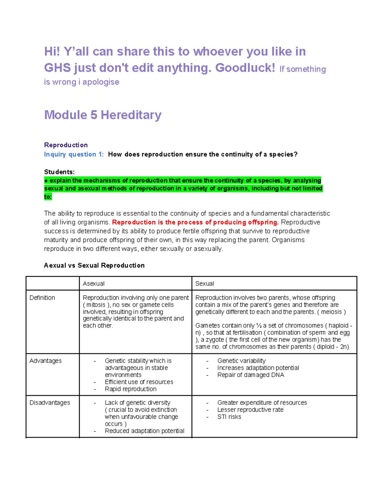 GHS Module 5 & 6 Bio Trial Notes: Reproduction & Genetic Change - Studocu