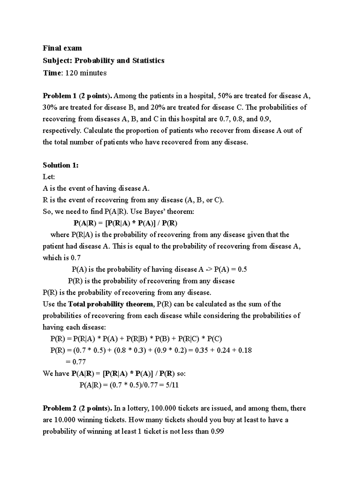 Final Exam: Probability and Statistics (Course Code: PS101) - Studocu