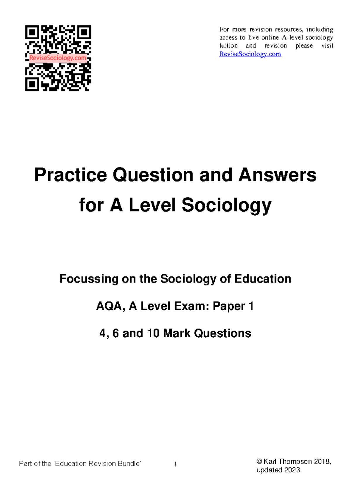 AQA A Level Sociology Paper 1: Education Short Answer Q&A (2023) - Studocu