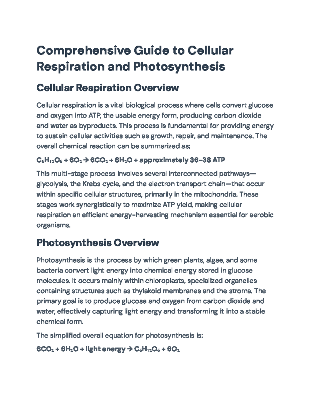 Comprehensive Study Guide: Cellular Respiration & Photosynthesis ...