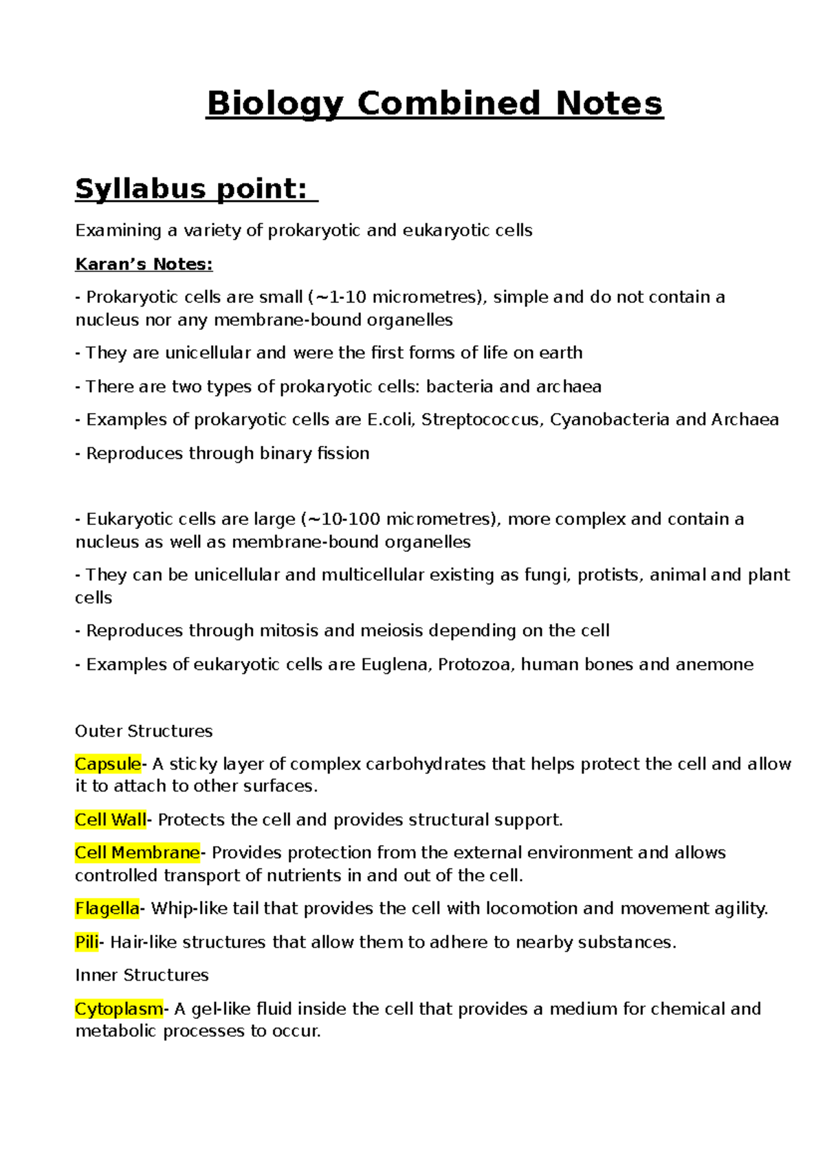 Biology 101: Prokaryotic and Eukaryotic Cells Overview Notes - Studocu