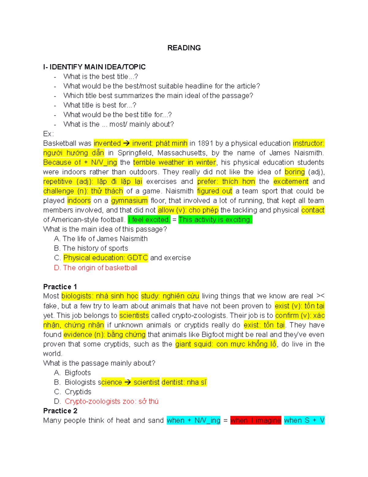 Reading 123456 - Main Idea Exercises Answer KEY - Studocu