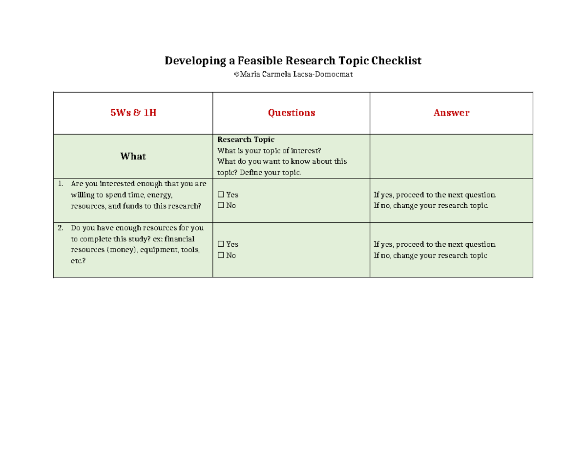 Checklist for Developing Feasible Research Topics (5Ws & 1H) - Studocu