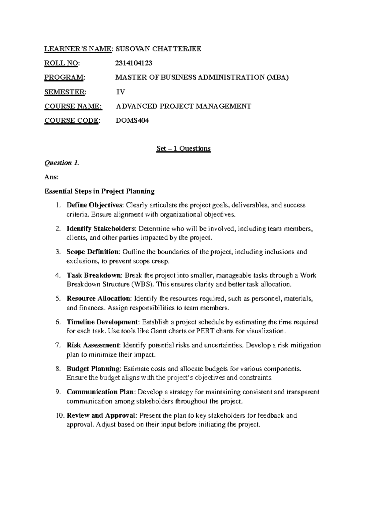 Susovan Chatterjee's Assignment on Advanced Project Management (DOMS404 ...