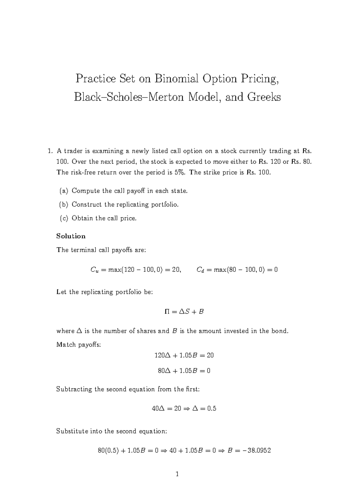 Options Practice Set 2: Binomial Pricing, Models, and Greeks - Studocu