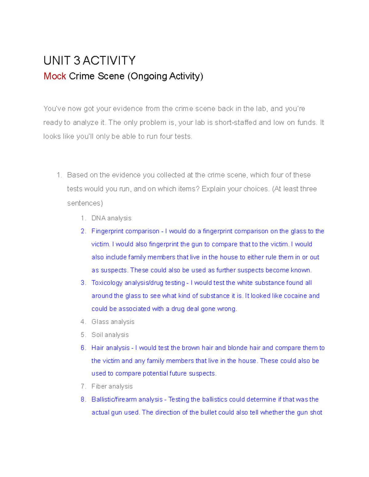 UNIT 3 Activity: Critical Thinking in Forensic Science Analysis - Studocu