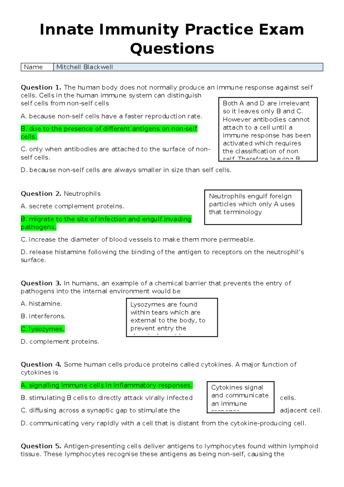 Innate Immunity Practice Exam Questions and Answers - Studocu