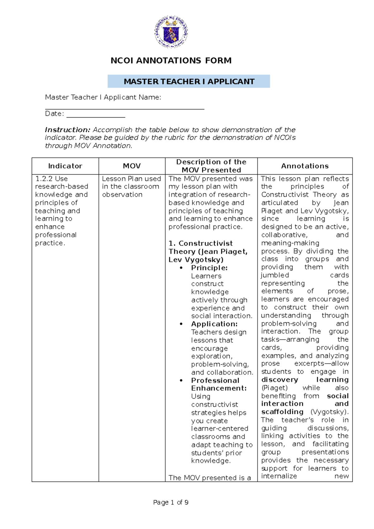NCOI Annotations Form for Master Teacher I Applicant: Evidence of ...