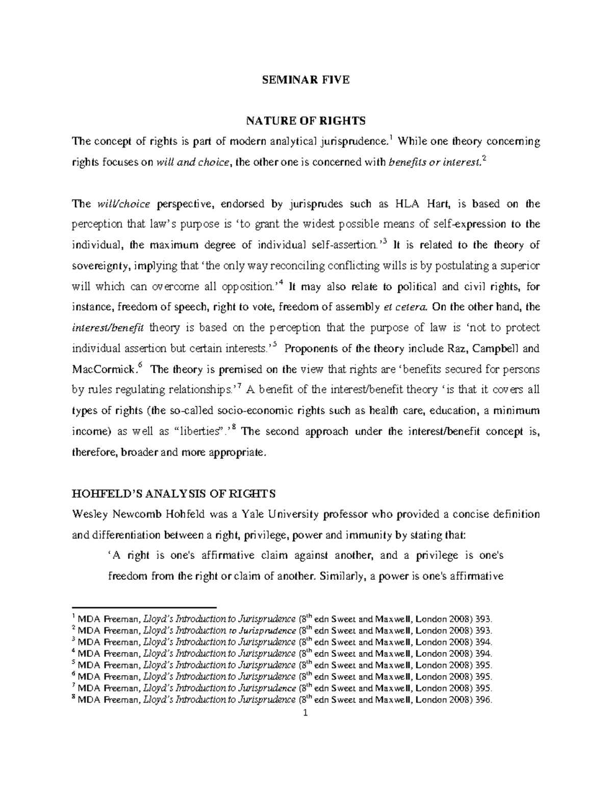 Seminar 5 Notes - Understanding the Nature of Rights and Hohfeld's ...