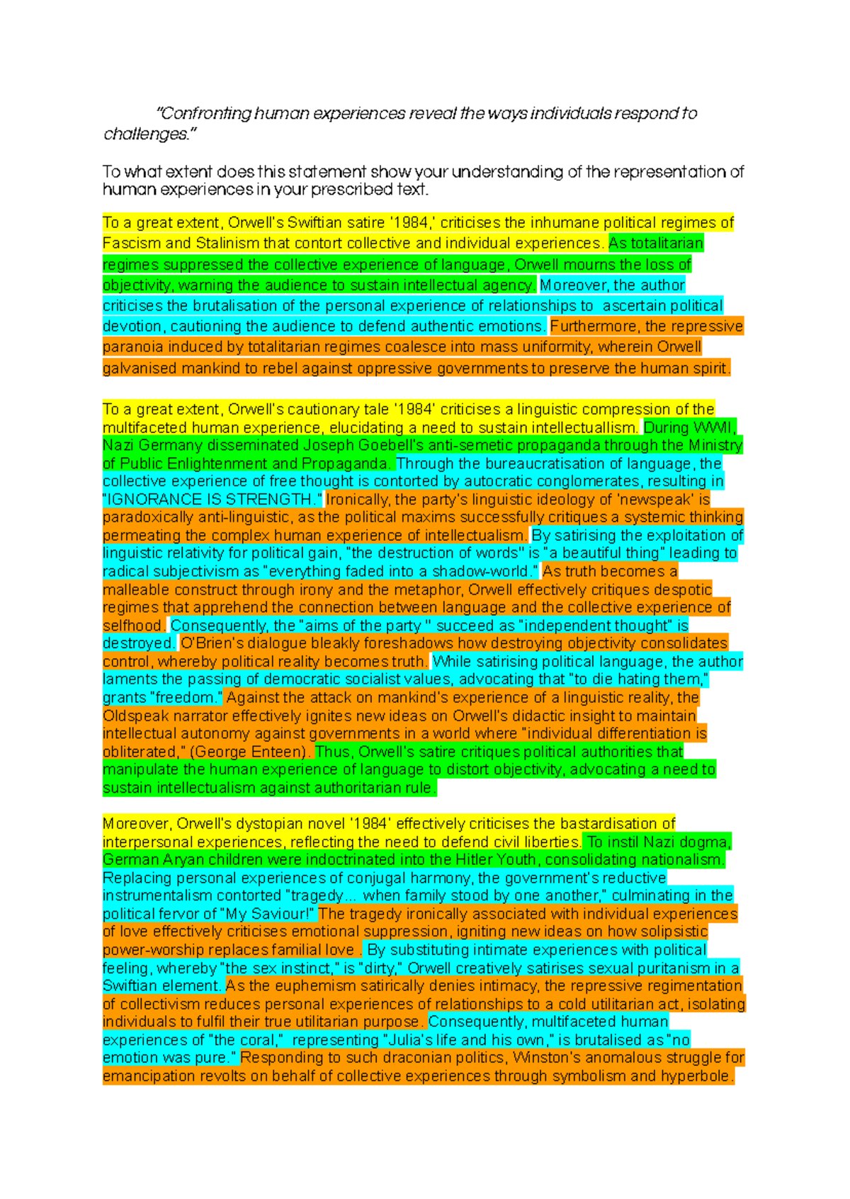 Common Module Essay: Human Experiences in Orwell's 1984 - Studocu