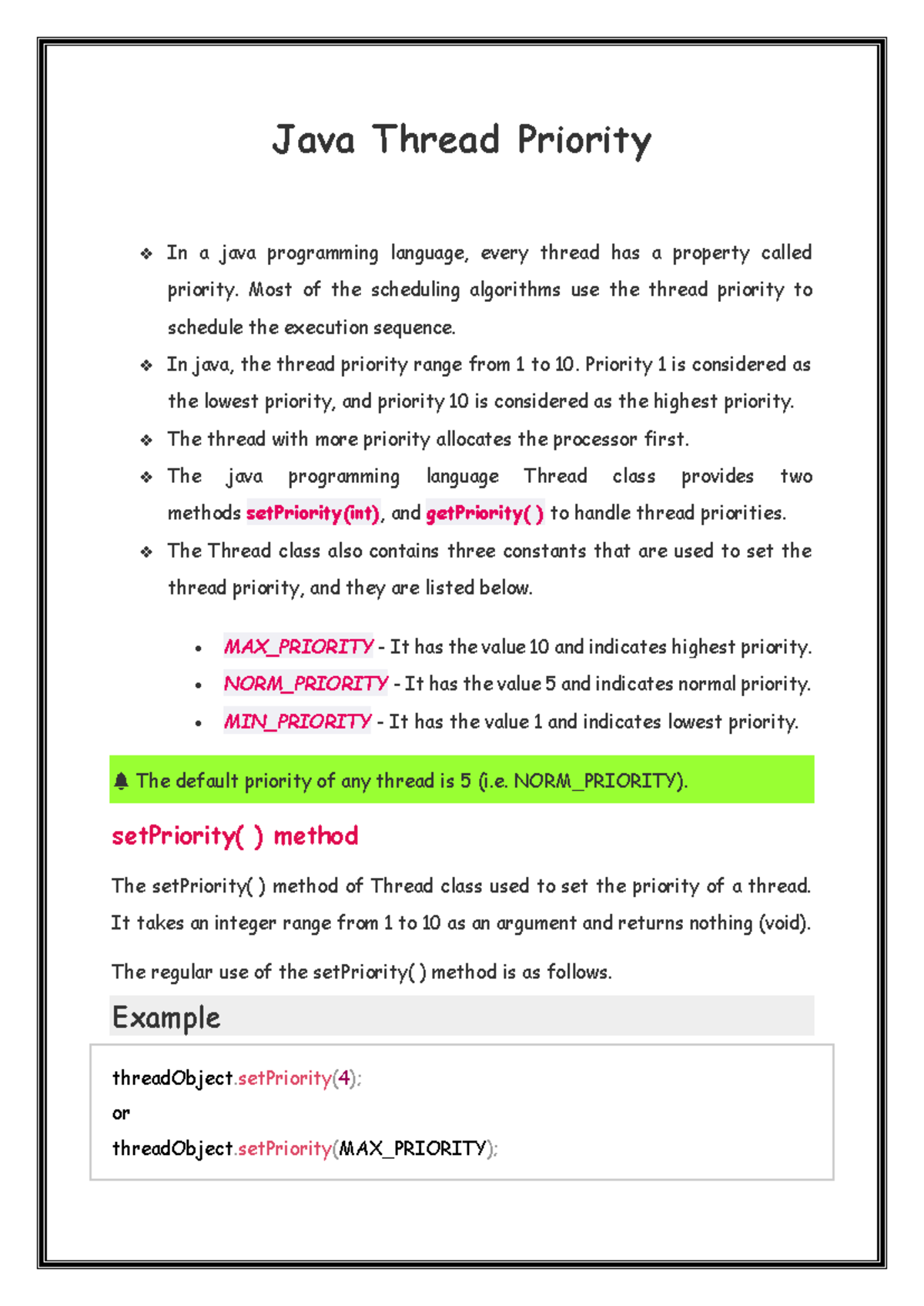 Java Thread Priority - Lecture Notes on Thread Scheduling - Studocu