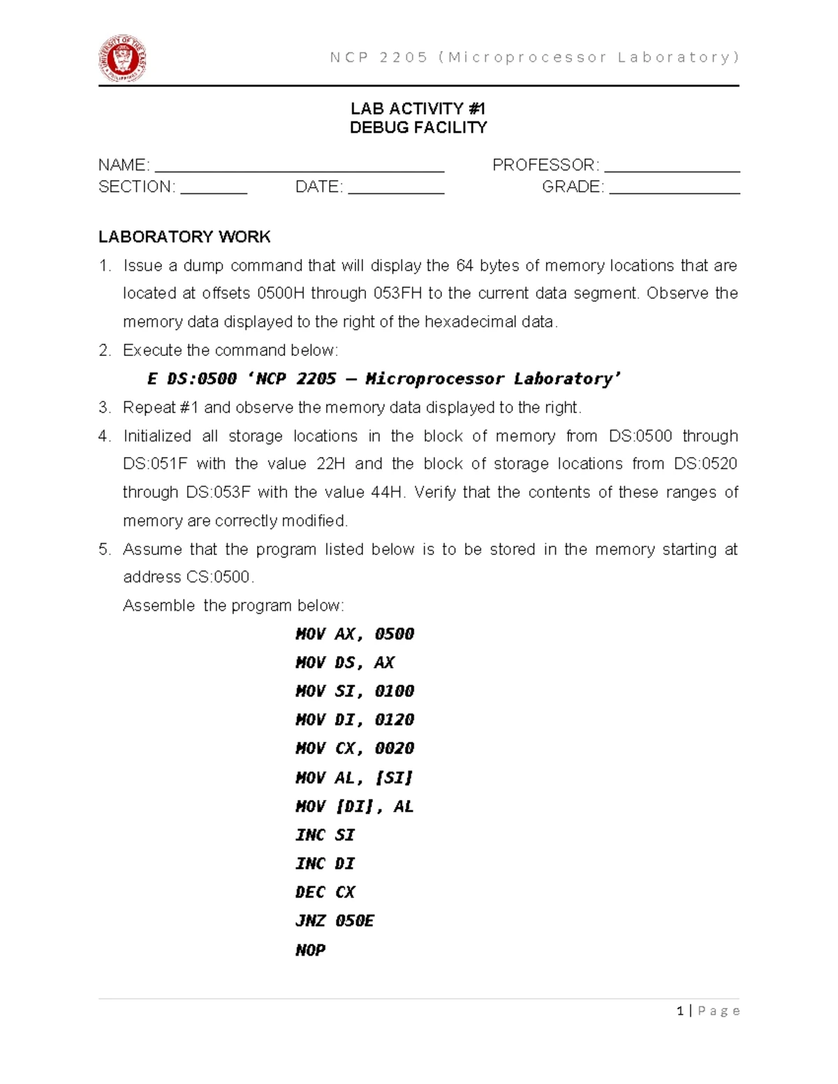 Micropro-Experiment 1 - EXPERIMENT DEBUG FACILITY NAME: PROFESSOR ...