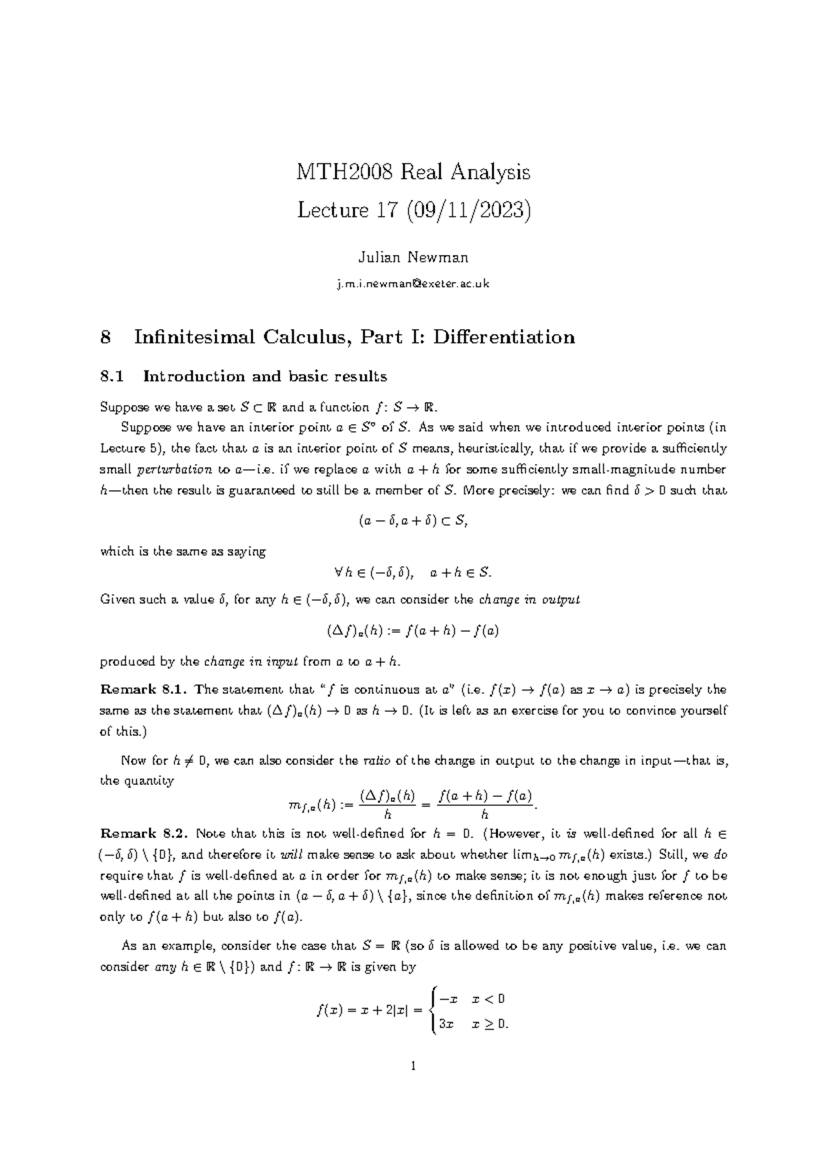 MTH2008 Real Analysis Lecture Notes: Differentiation Concepts and ...