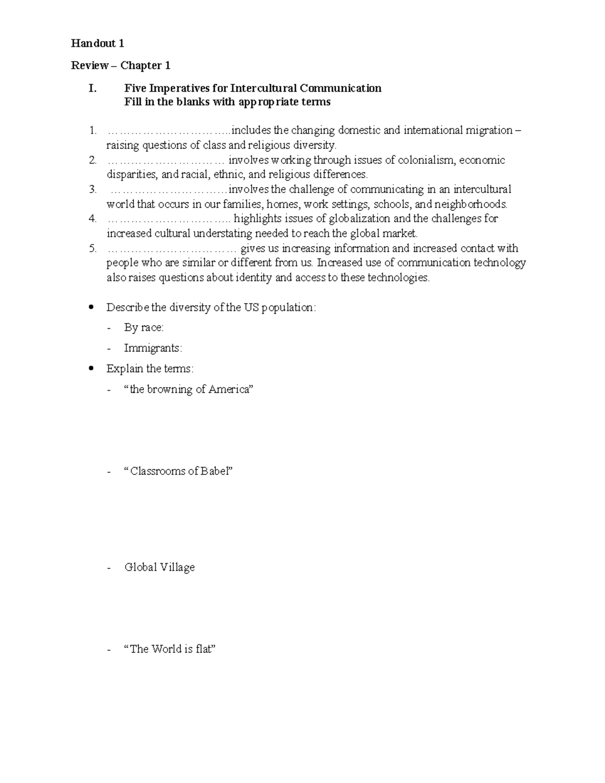 Handout 1 - Chapter 1: Five Imperatives for Intercultural Communication ...