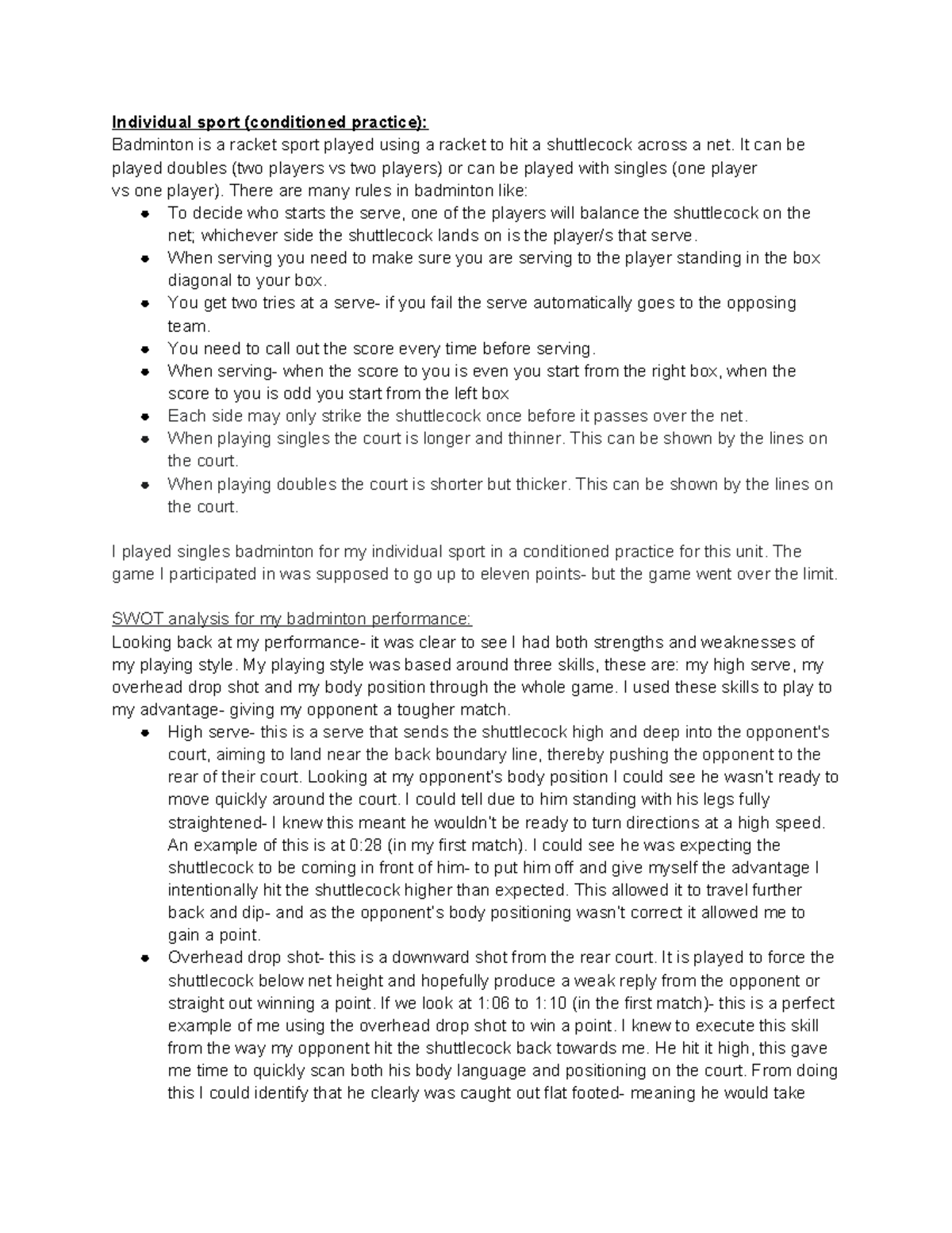 Unit 7 Assignment 3: SWOT Analysis of Badminton Performance and ...