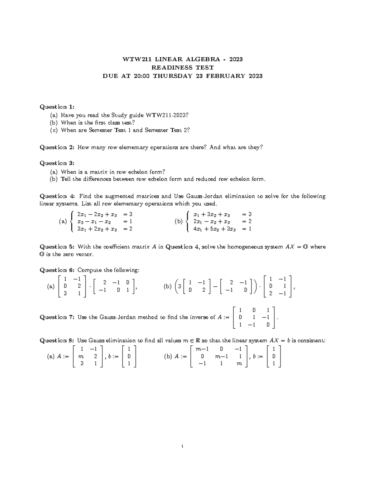 WTW 211 Readiness Test - Linear Algebra Essentials for 2023 - Studocu