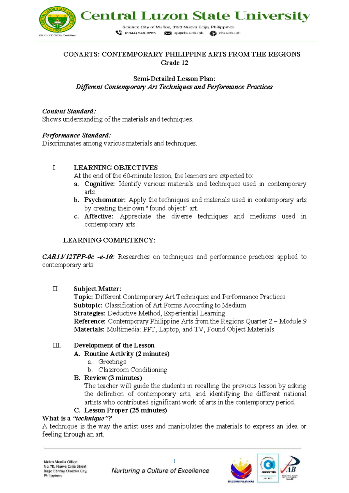 CONARTS: Grade 12 Lesson Plan on Contemporary Art Techniques - Studocu