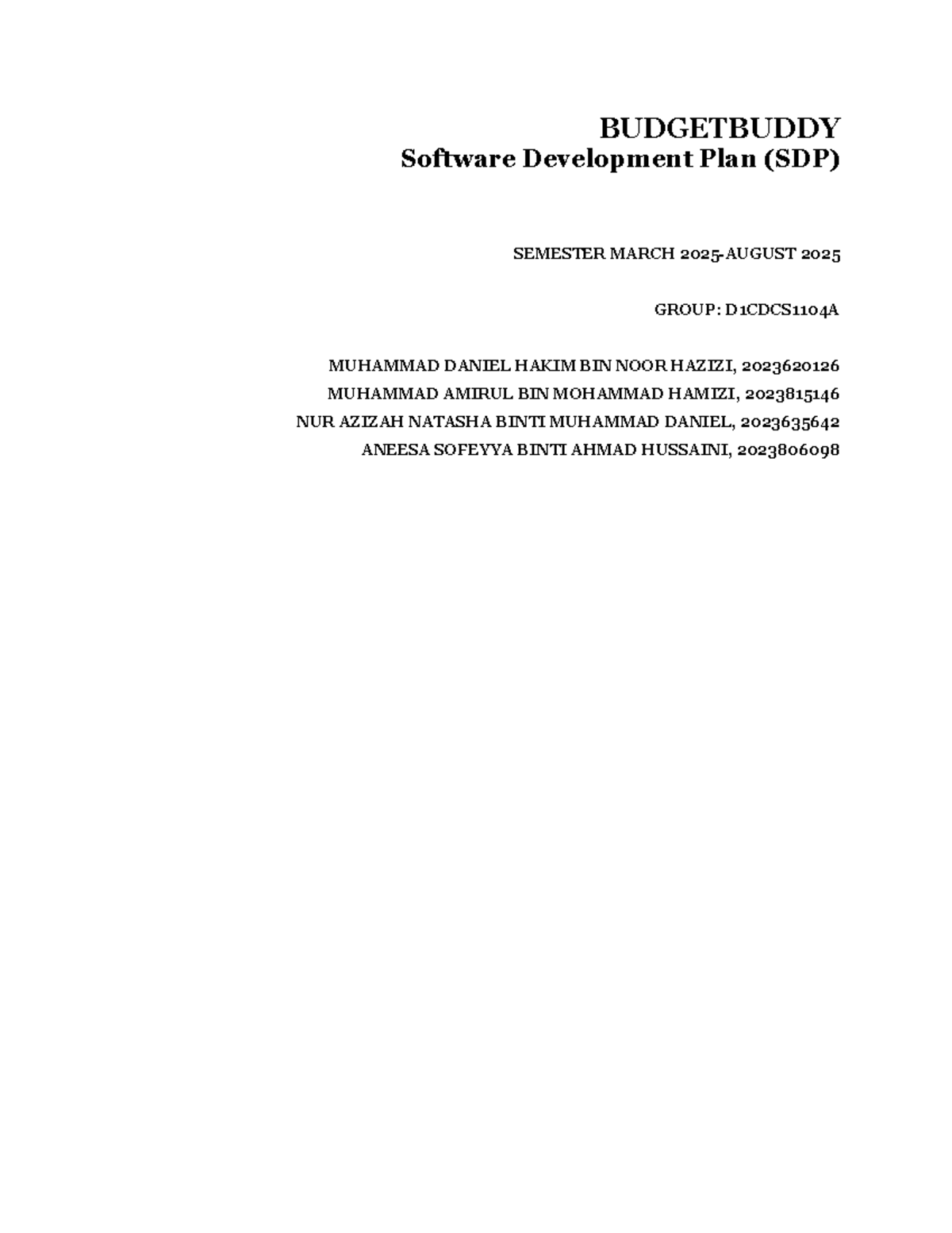 BUDGETBUDDY Software Development Plan (SDP) for D1CDCS1104A - March ...