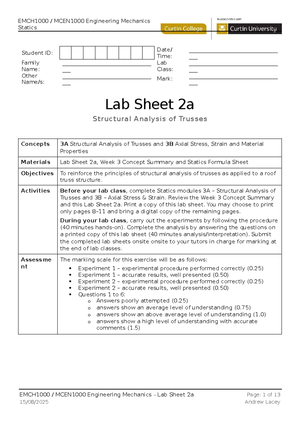 Engineering Mechanics Statics Lab Sheet 2a: Structural Analysis of ...