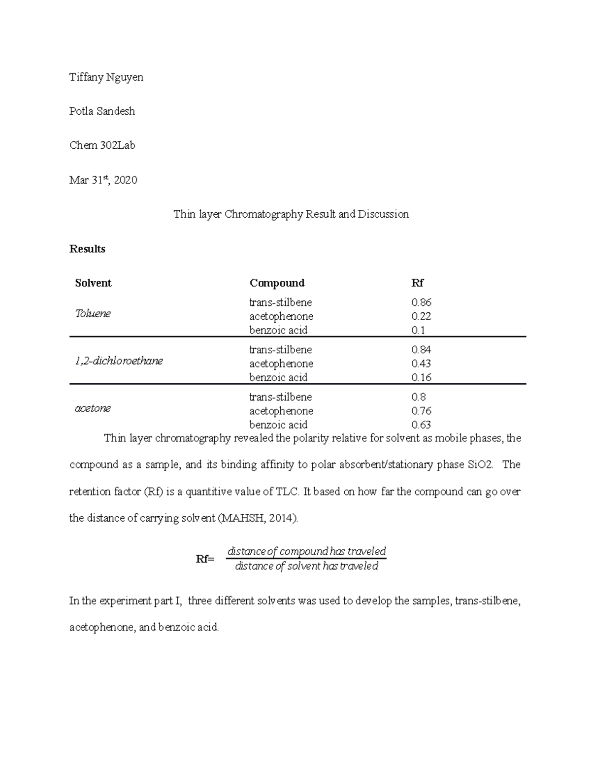 Chem 302 TLC Lab Report: Analysis of Thin Layer Chromatography Results ...