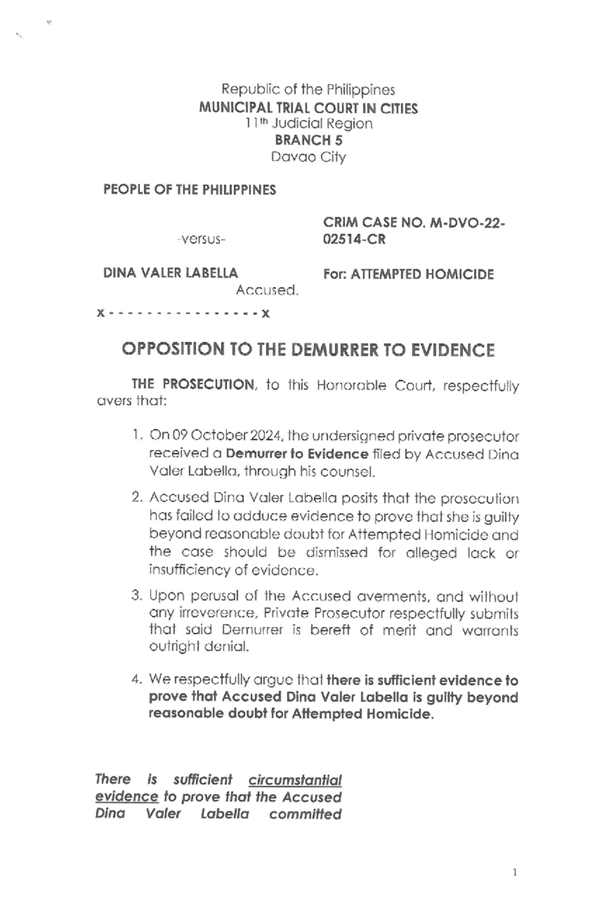 Opposition to Demurrer to Evidence in Crim. Case No. M-DVO-22-02514-CR ...