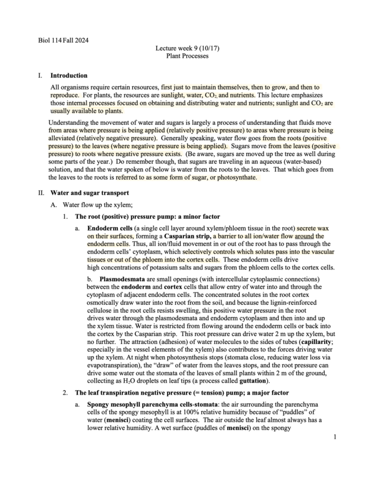Biol 114 Fall 2024: Lecture Week 9 Notes on Plant Processes - Studocu