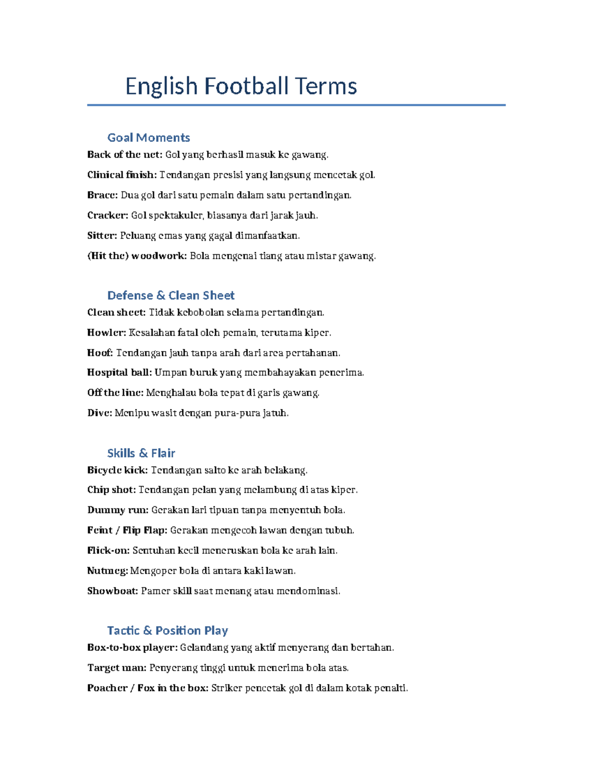 English Football Terms Glossary: Key Concepts & Definitions - Studocu