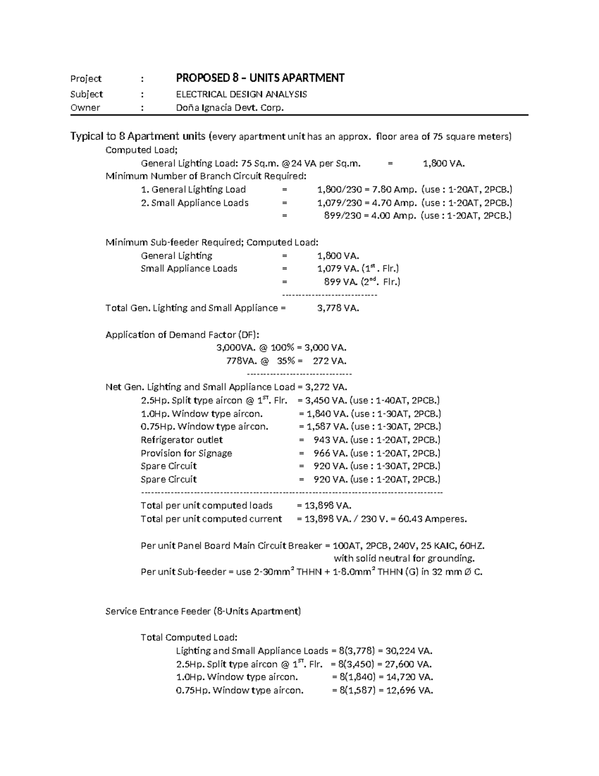 EE 101: Proposed Electrical Design Analysis for 8-Unit Apartment - Studocu
