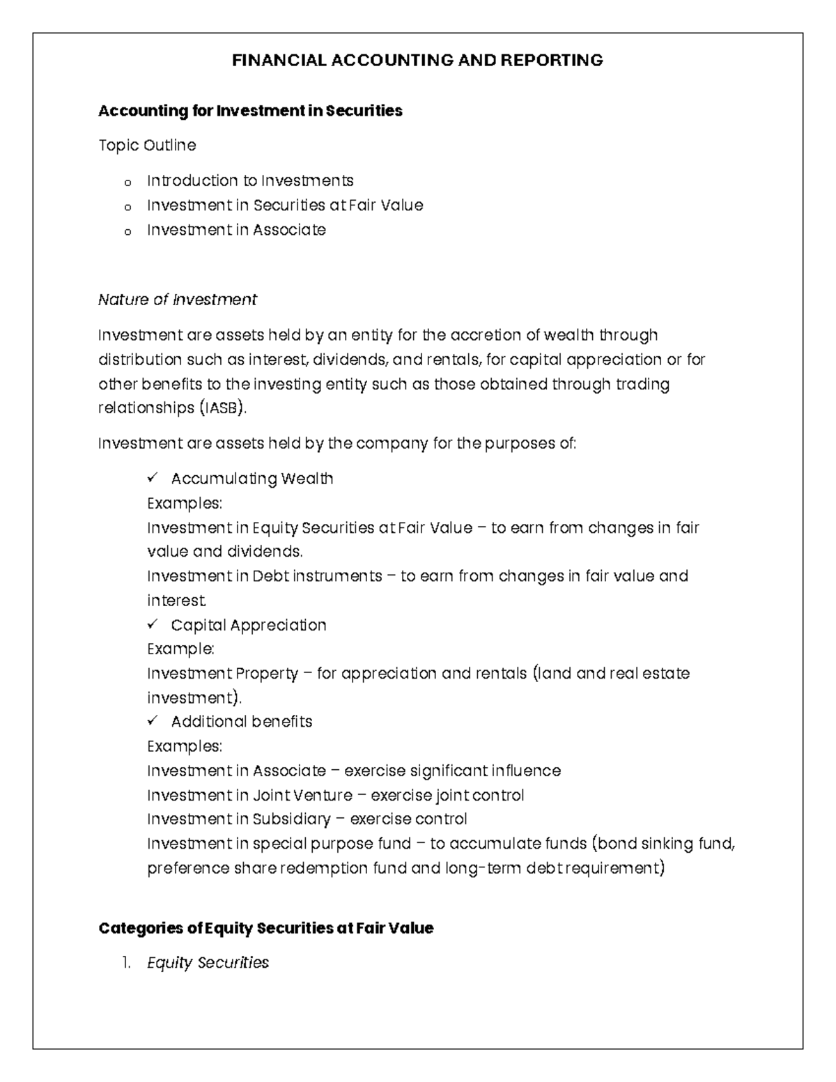 Accounting for Investment in Securities (ACC 210) - Study Notes with ...