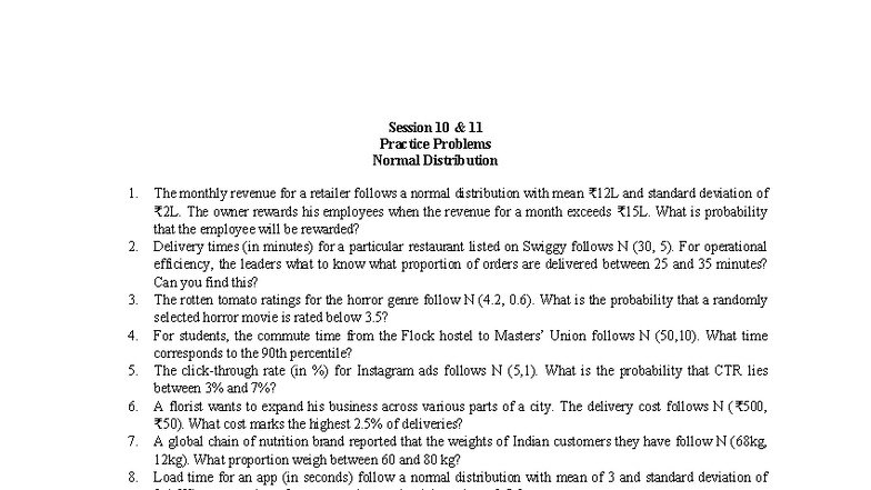 PP 10-11 Practice Problems on Normal Distribution - Studocu