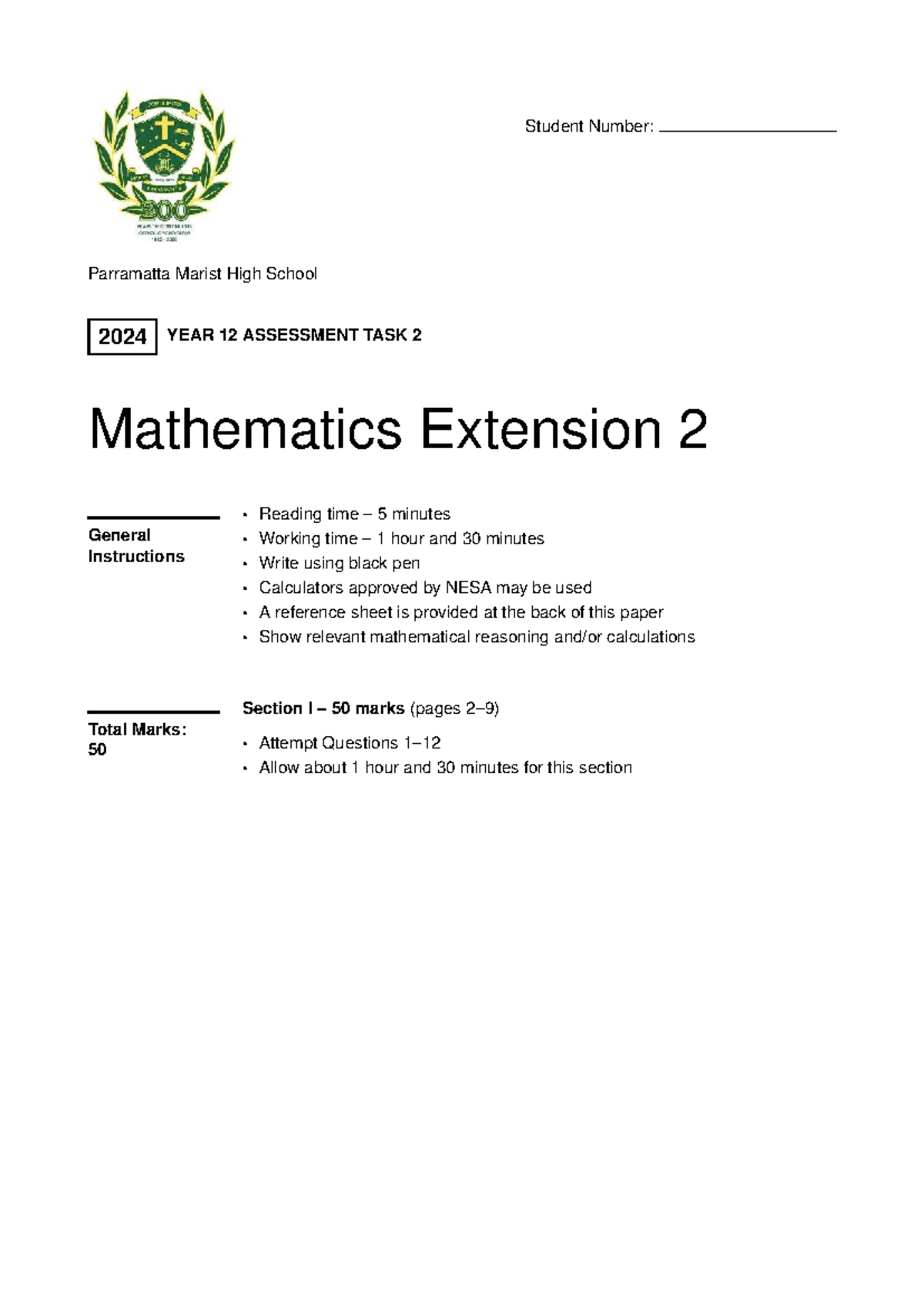 2024 Year 12 Mathematics Extension 2 Assessment Task 2 - Studocu