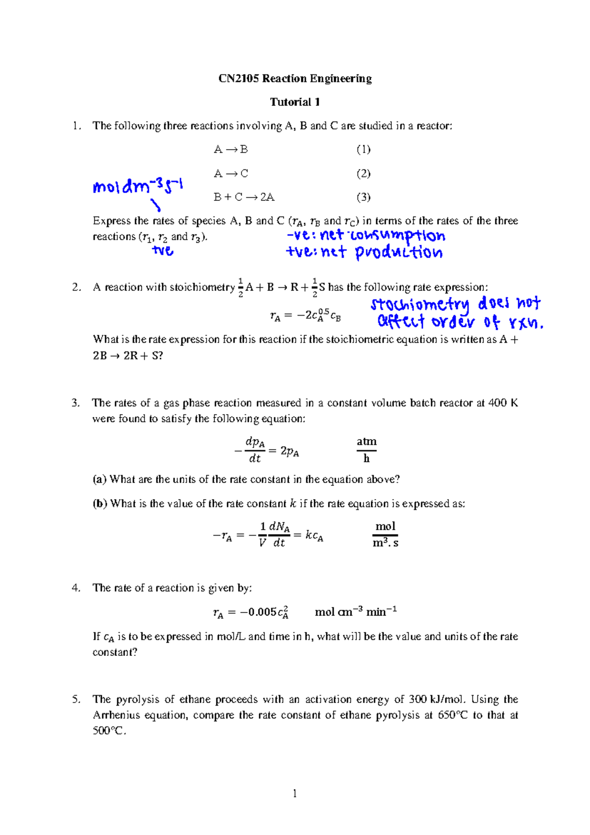 CN2105 Reaction Engineering Tutorial 1: Ideal Reactors Analysis - Studocu