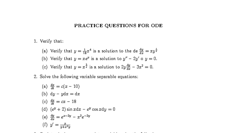PRACTICE QUESTIONS FOR ODE (Ordinary Differential Equations) - Studocu